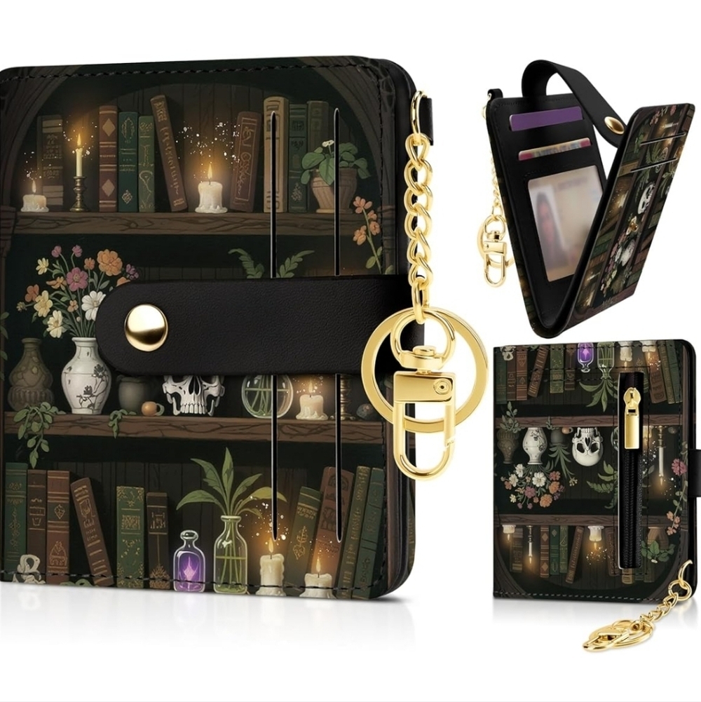 Black Wallet with Book and Candle Design